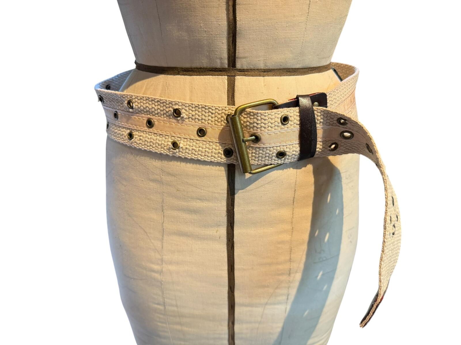Beige Canvas Belt with Metal Eyelets and Buckle