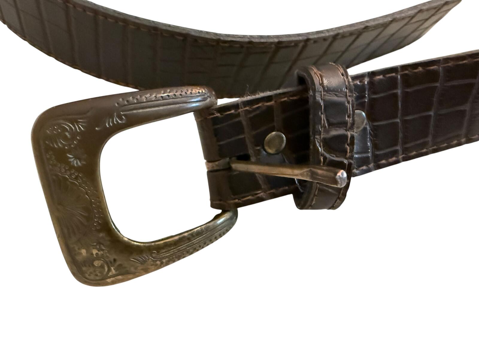 Brown Crocodile Pattern Leather Belt with Engraved Buckle