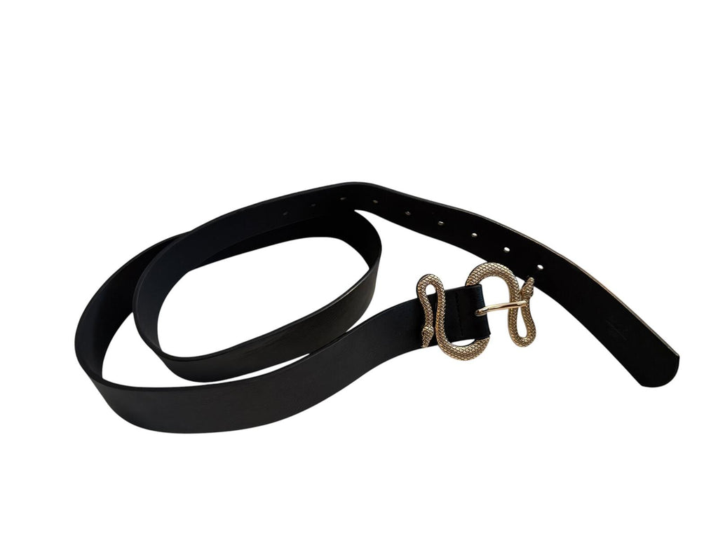 Black Leather Belt with Gold Tone Snake Buckle