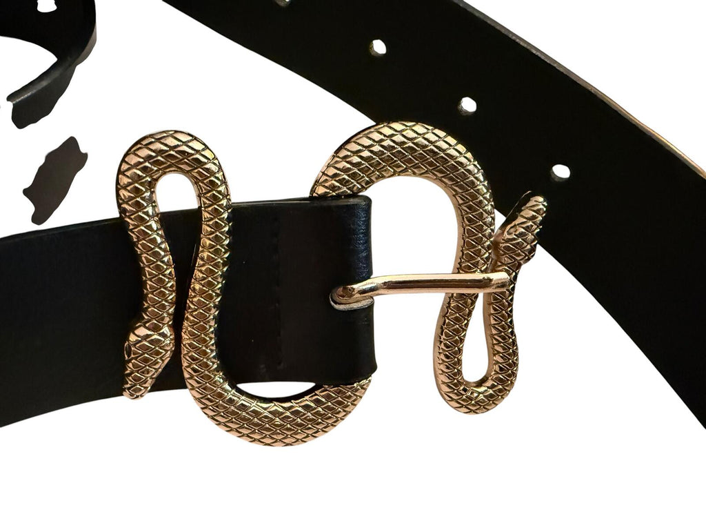 Black Leather Belt with Gold Tone Snake Buckle