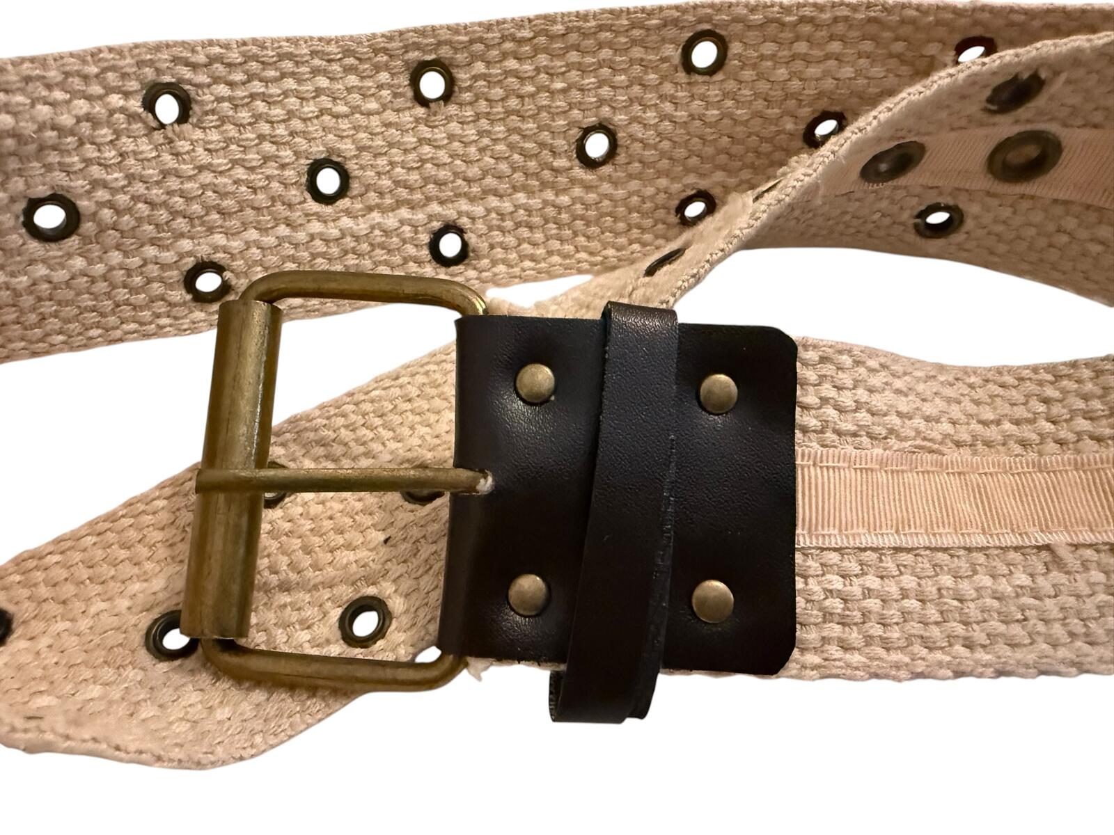 Beige Canvas Belt with Metal Eyelets and Buckle