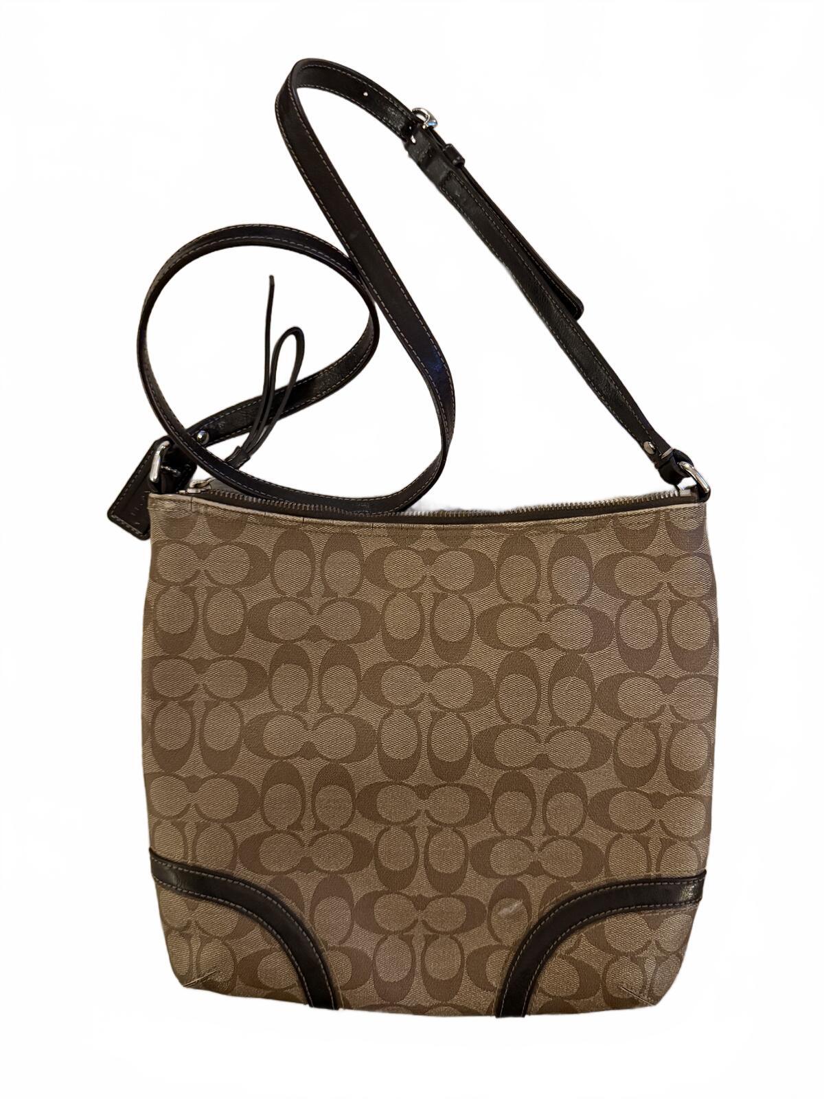 Coach Signature Brown Crossbody Bag with Black Leather Trim