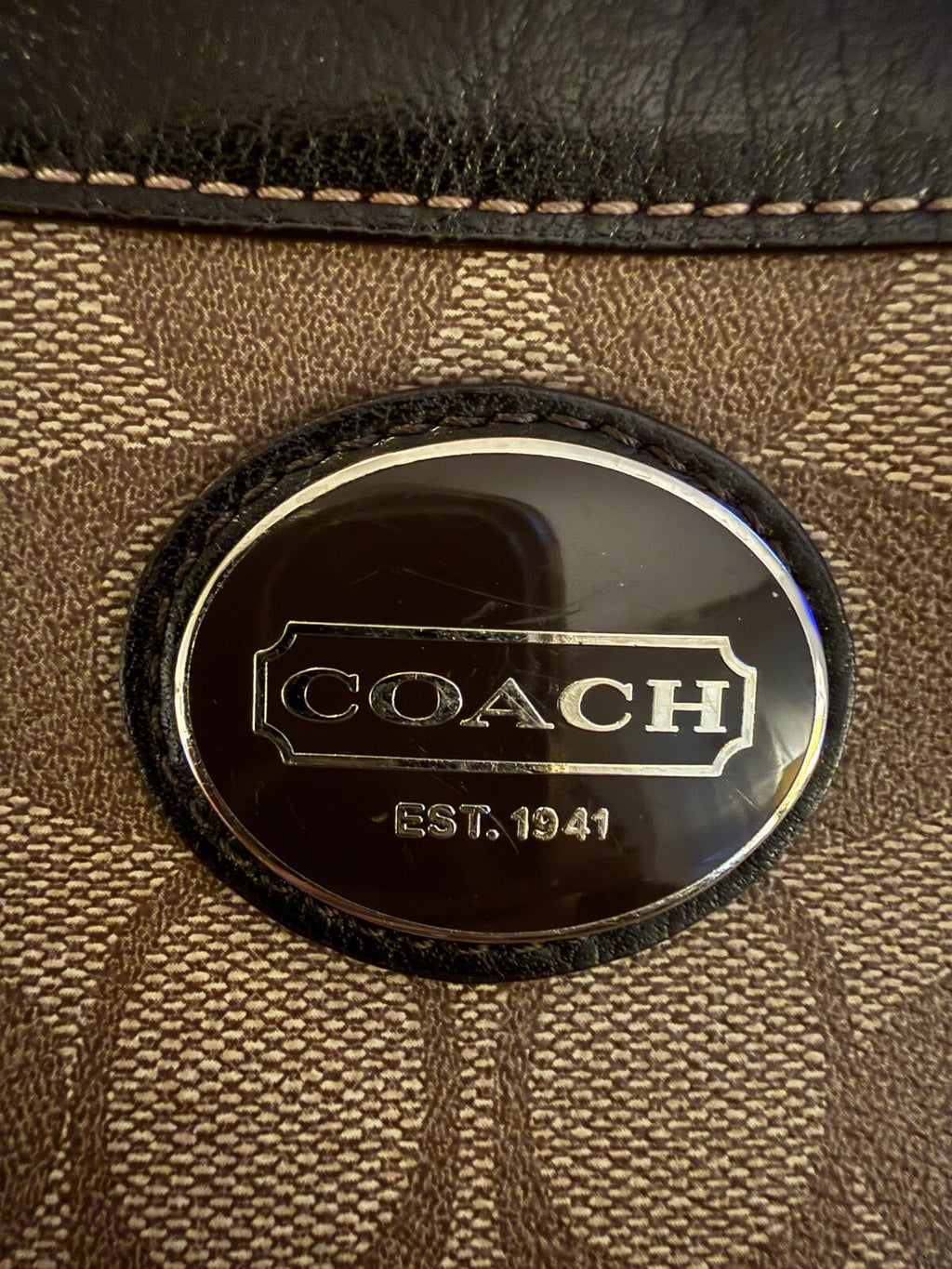 Coach Signature Brown Crossbody Bag with Black Leather Trim