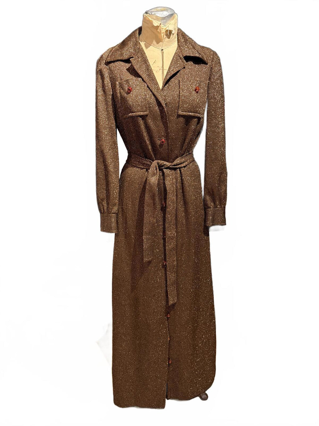 Dalton Vintage 1970s Long Brown and Metallic Knit Button-Up Maxi Dress with Belt