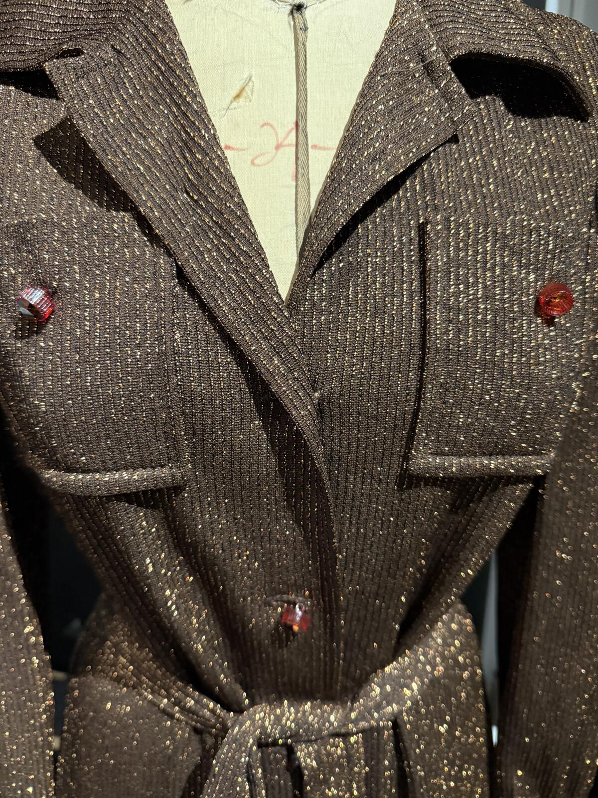 Dalton Vintage 1970s Long Brown and Metallic Knit Button-Up Maxi Dress with Belt