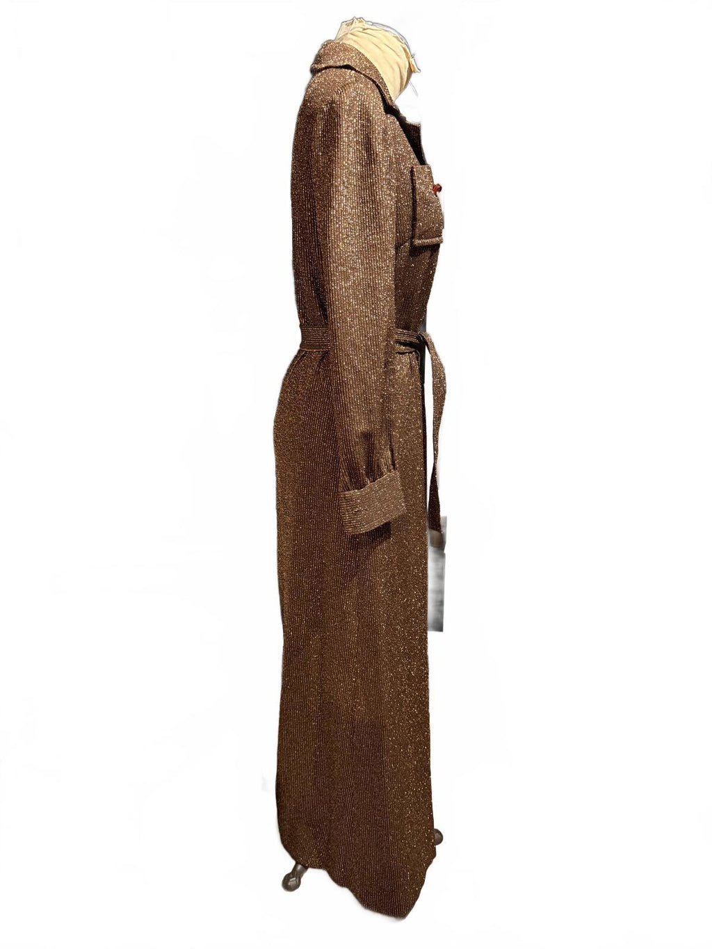 Dalton Vintage 1970s Long Brown and Metallic Knit Button-Up Maxi Dress with Belt