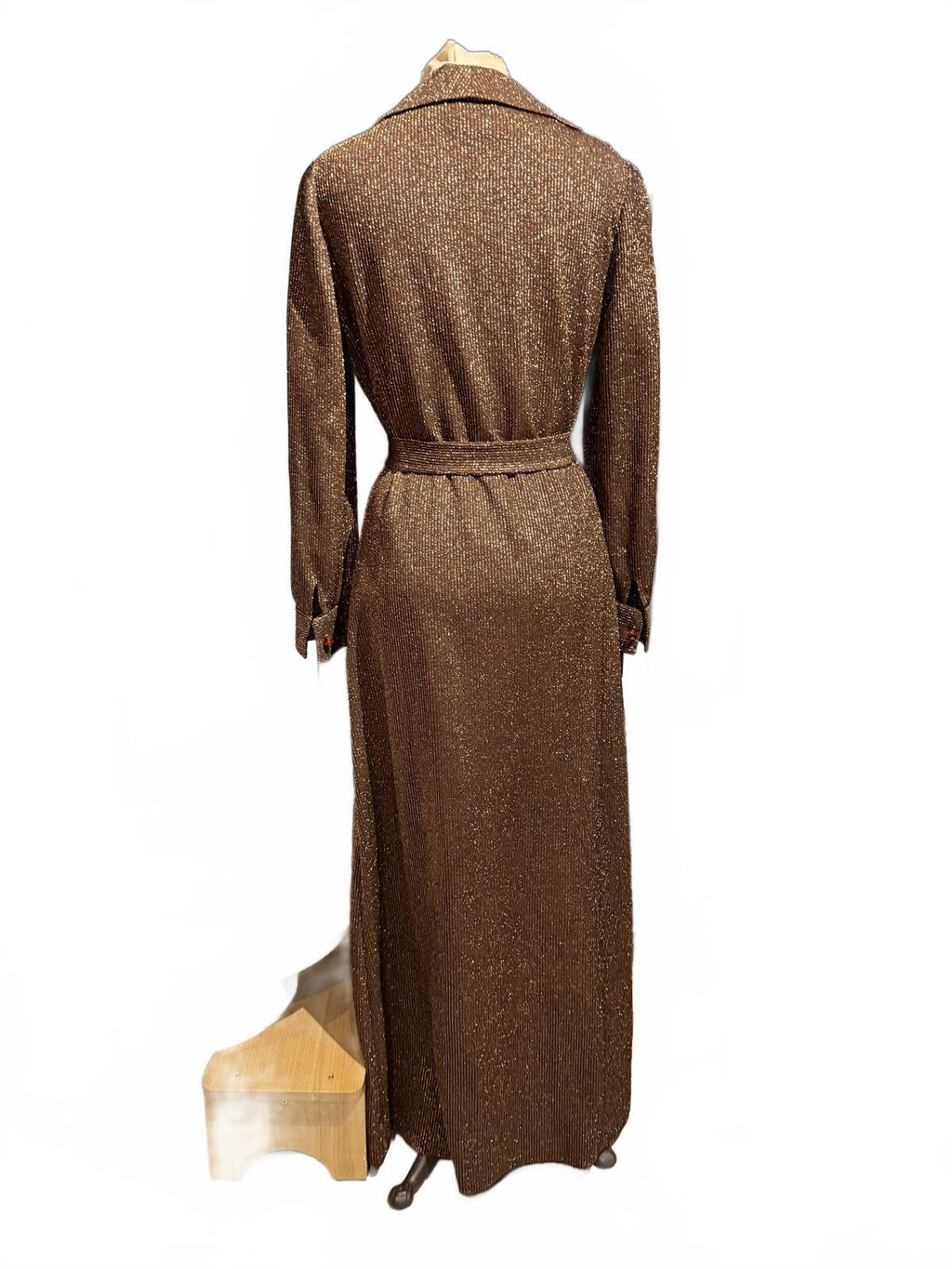 Dalton Vintage 1970s Long Brown and Metallic Knit Button-Up Maxi Dress with Belt
