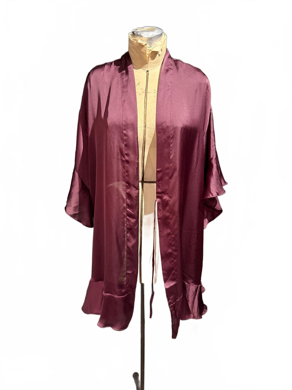 Victoria’s Secret Elegant Burgundy Satin Kimono Robe with Ruffle Hem