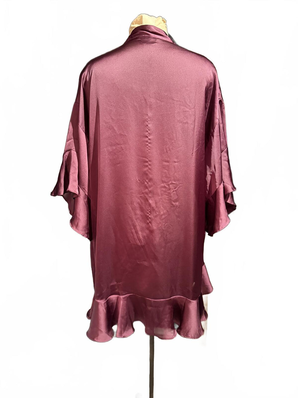 Victoria’s Secret Elegant Burgundy Satin Kimono Robe with Ruffle Hem
