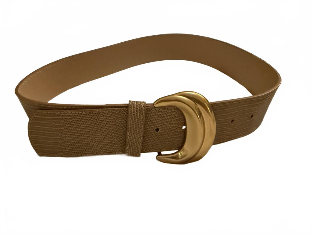 Brown Textured Faux Leather Belt with Gold Curved Buckle