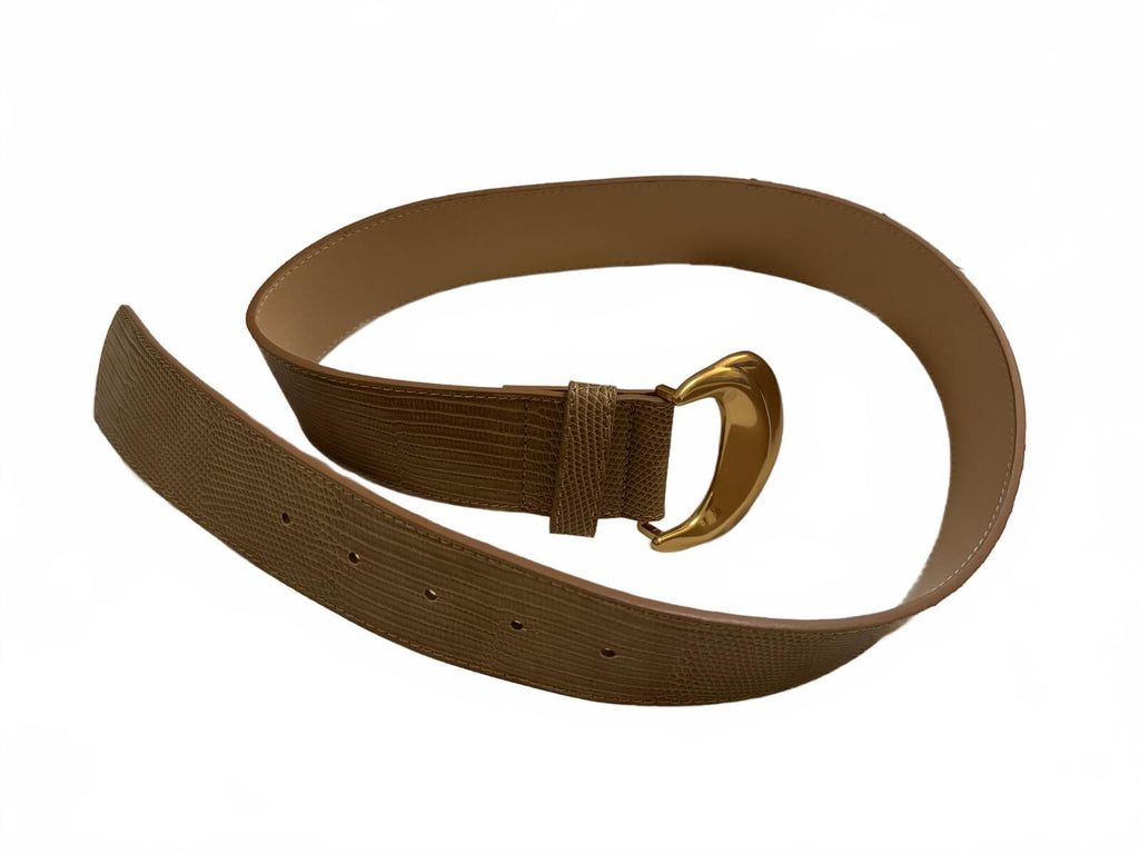 Brown Textured Faux Leather Belt with Gold Curved Buckle