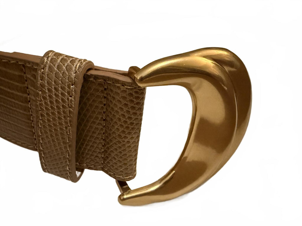 Brown Textured Faux Leather Belt with Gold Curved Buckle