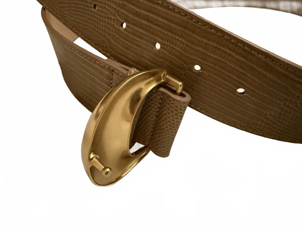 Brown Textured Faux Leather Belt with Gold Curved Buckle