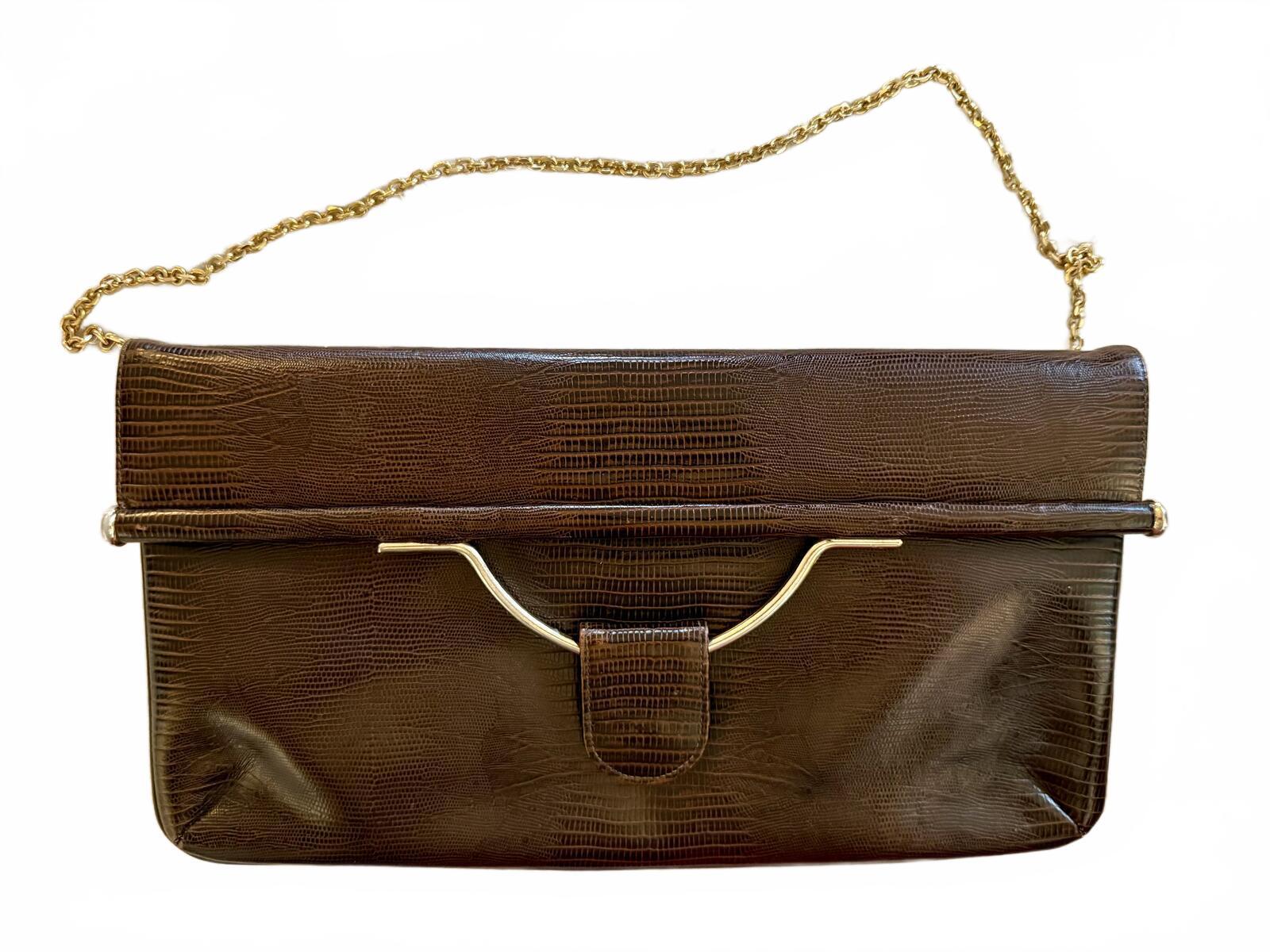 Caprice Vintage Brown Lizard Skin Embossed Clutch with Gold Chain Strap