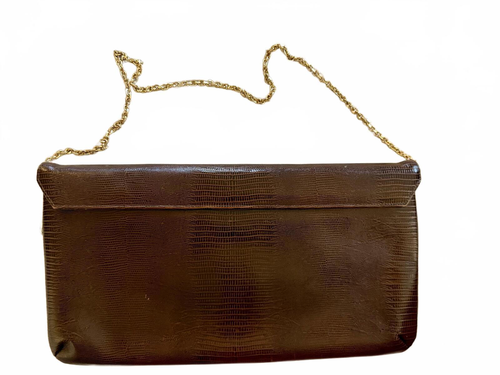 Caprice Vintage Brown Lizard Skin Embossed Clutch with Gold Chain Strap