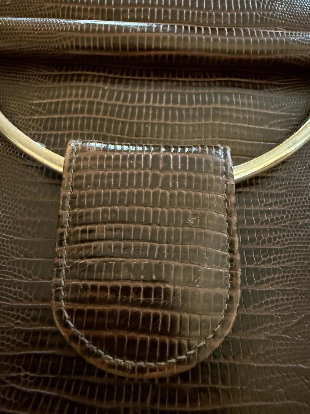 Caprice Vintage Brown Lizard Skin Embossed Clutch with Gold Chain Strap