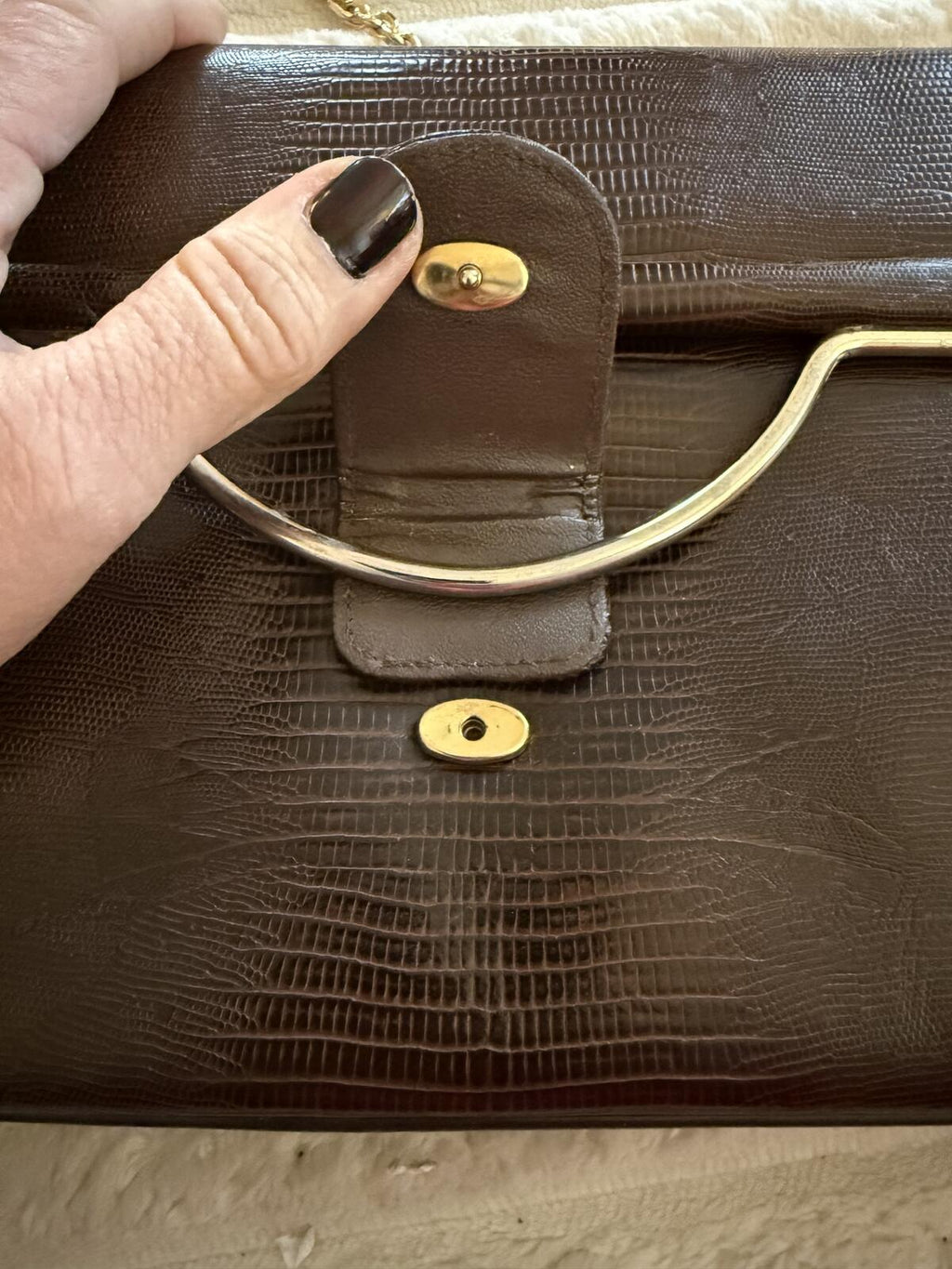 Caprice Vintage Brown Lizard Skin Embossed Clutch with Gold Chain Strap
