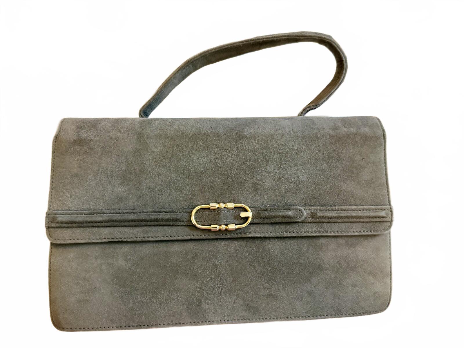 Vintage Gray Suede Bag with Gold Accent