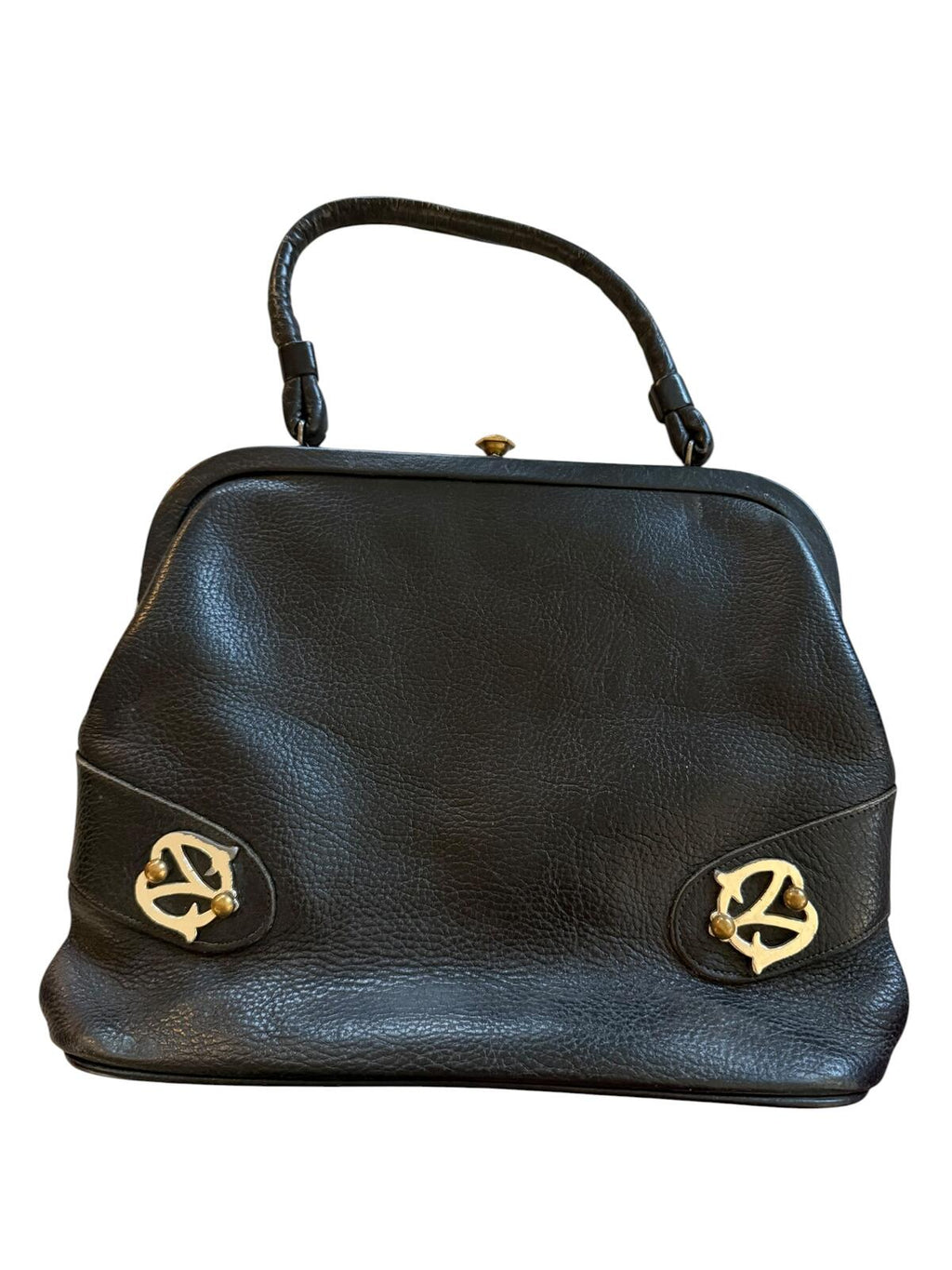 Vintage Black Leather Handbag with Gold Accent Hardware