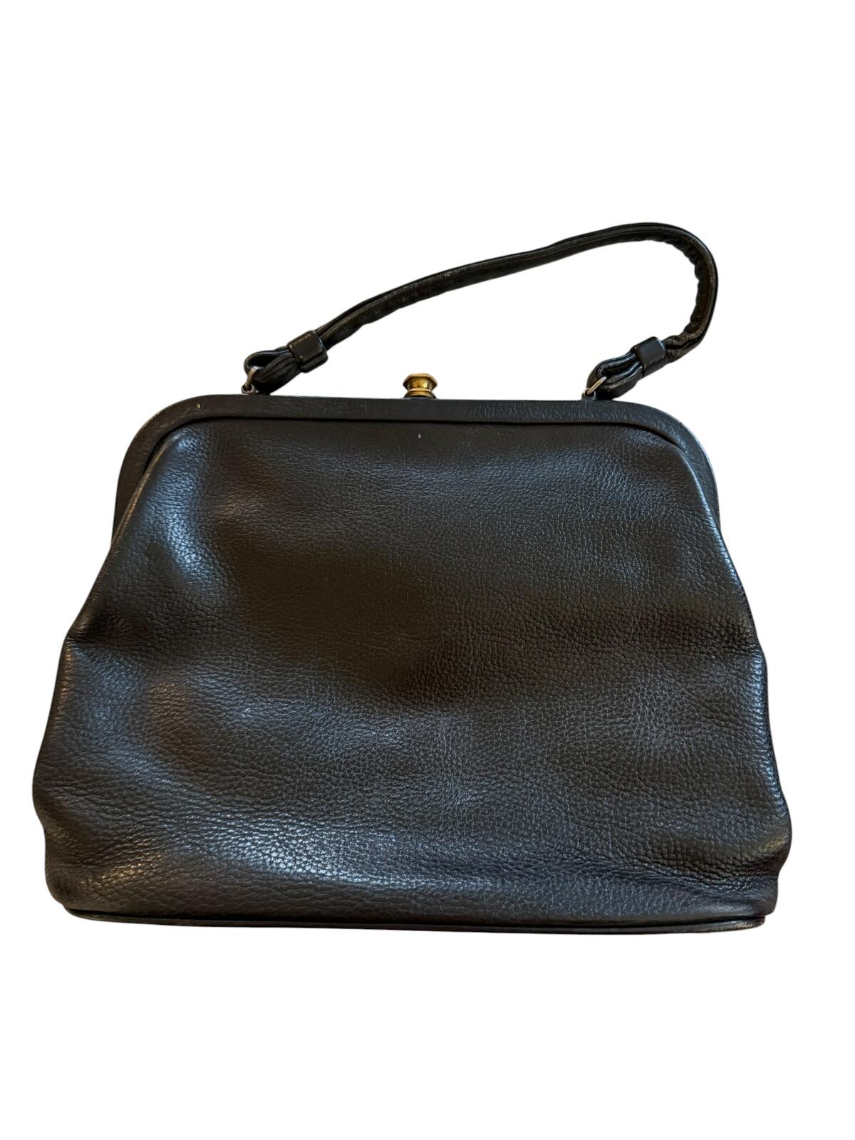 Vintage Black Leather Handbag with Gold Accent Hardware