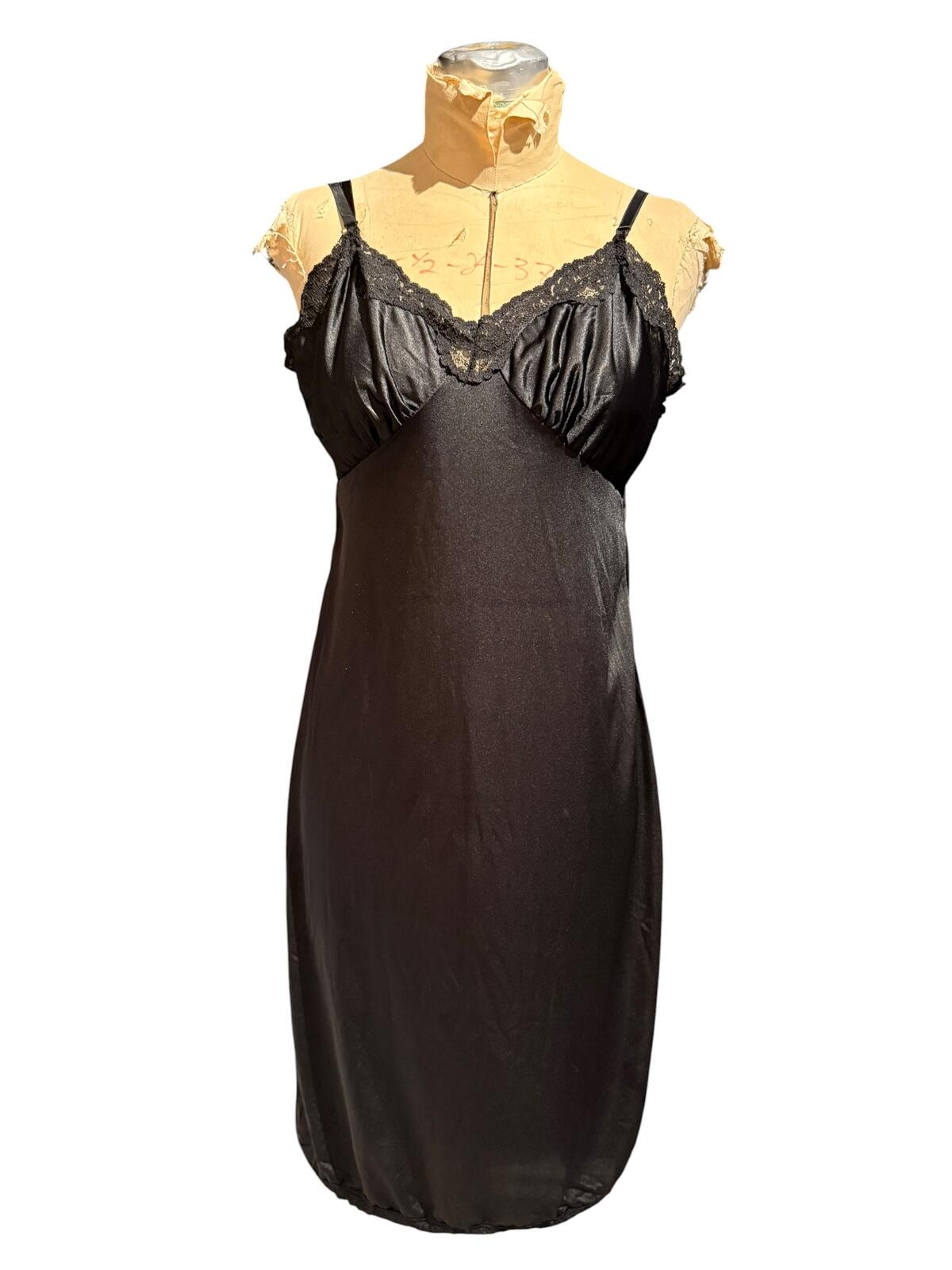 Black Satin Slip Dress with Lace Trim