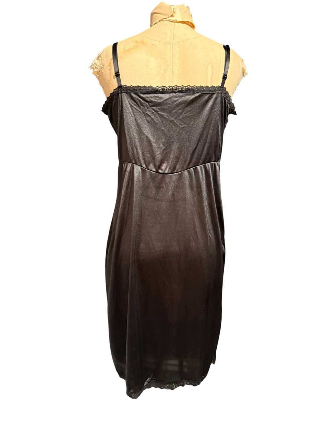 Black Satin Slip Dress with Lace Trim