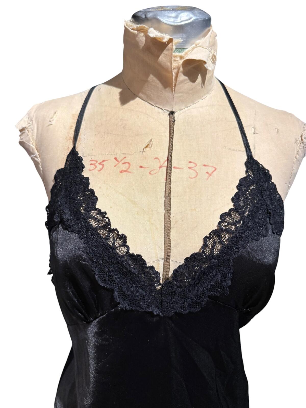 Black Satin Lace Trim Slip Dress with Crisscross Back