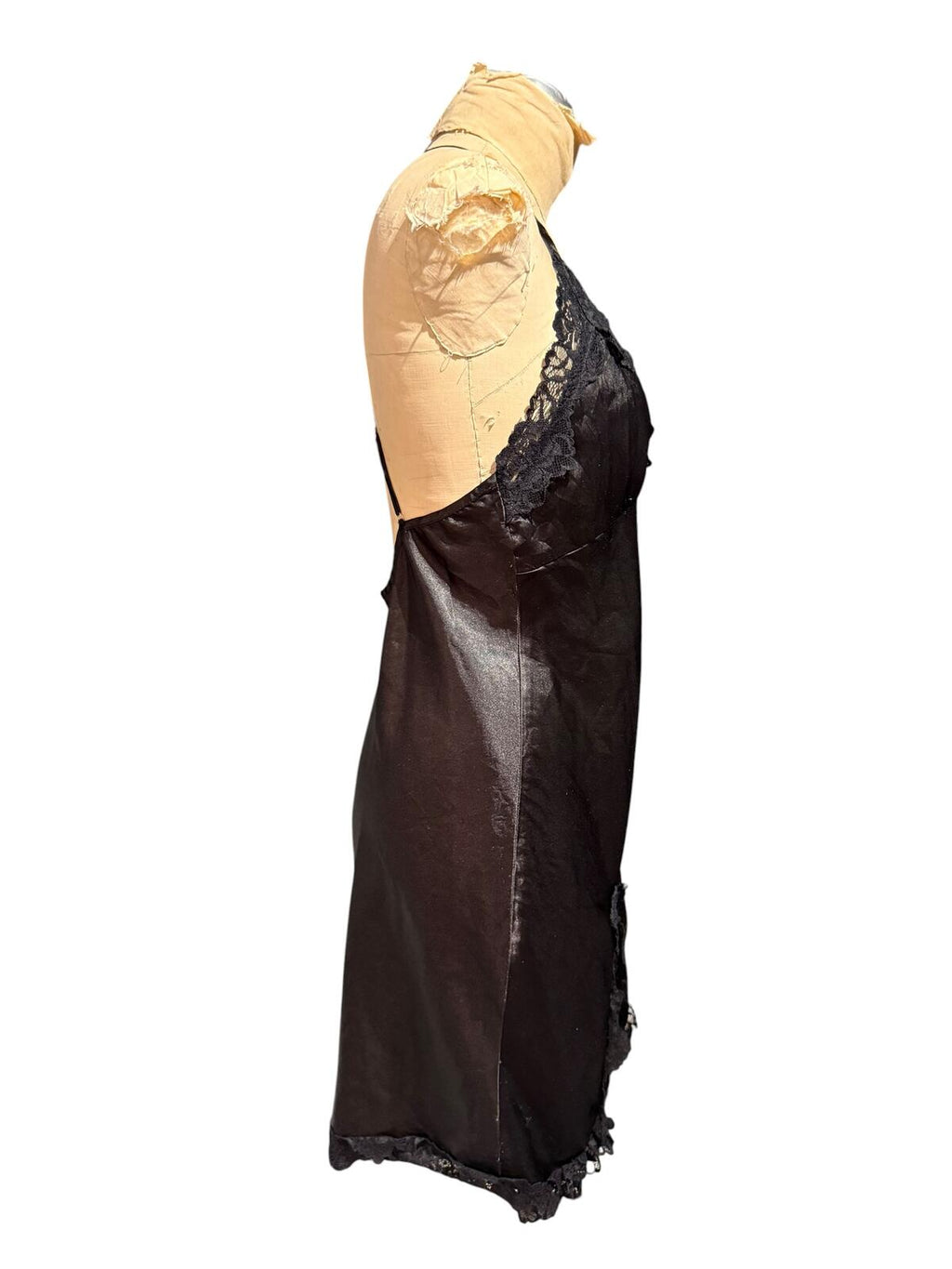 Black Satin Lace Trim Slip Dress with Crisscross Back