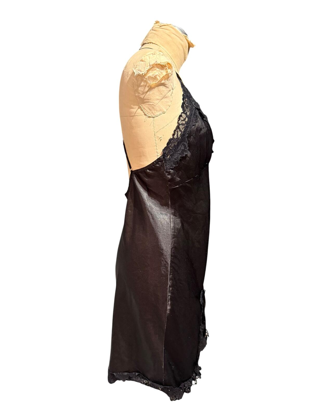 Black Satin Lace Trim Slip Dress with Crisscross Back
