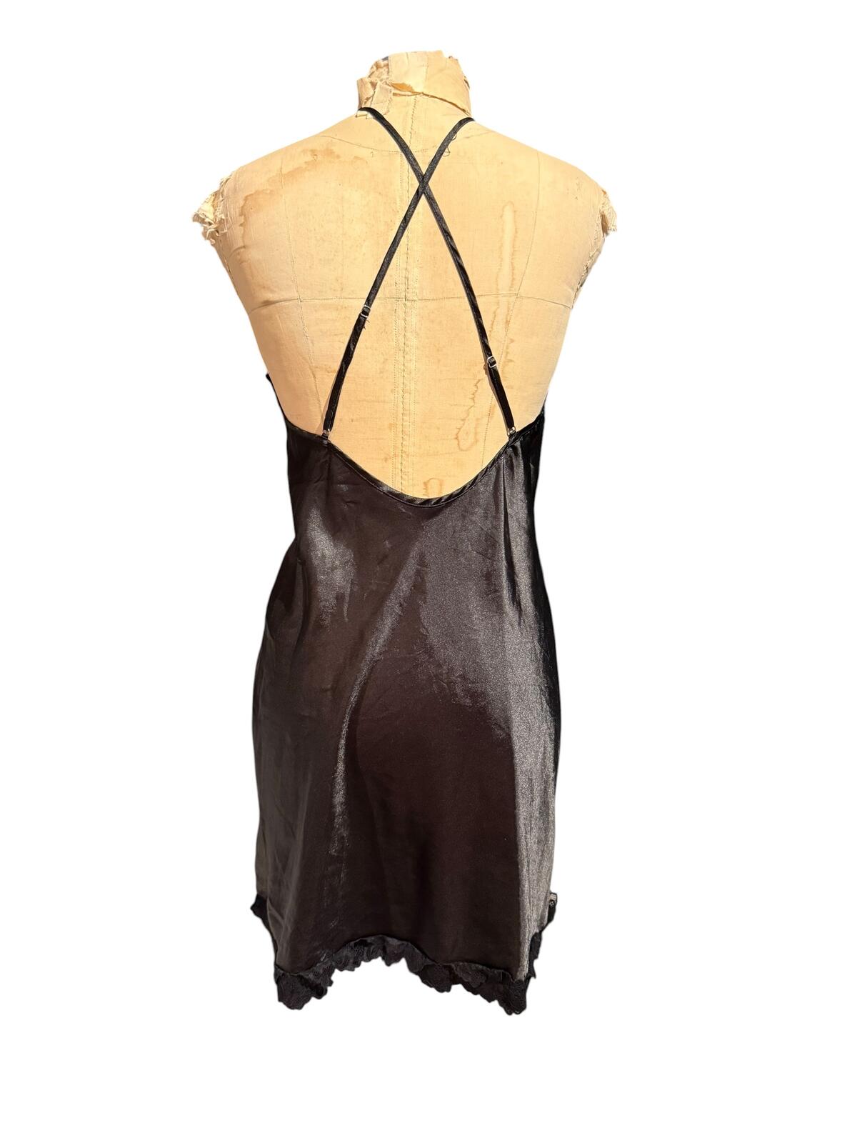 Black Satin Lace Trim Slip Dress with Crisscross Back