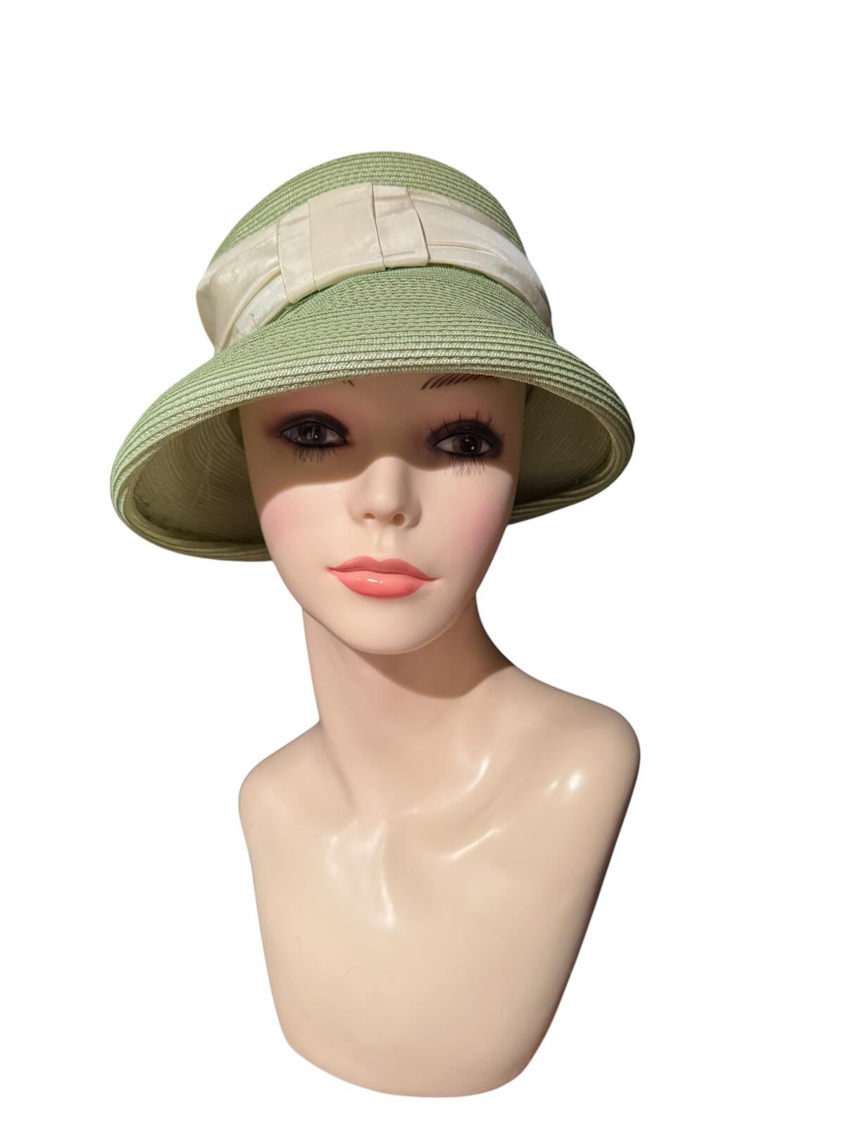 Vintage Light Green Straw Hat with Cream Ribbon Band