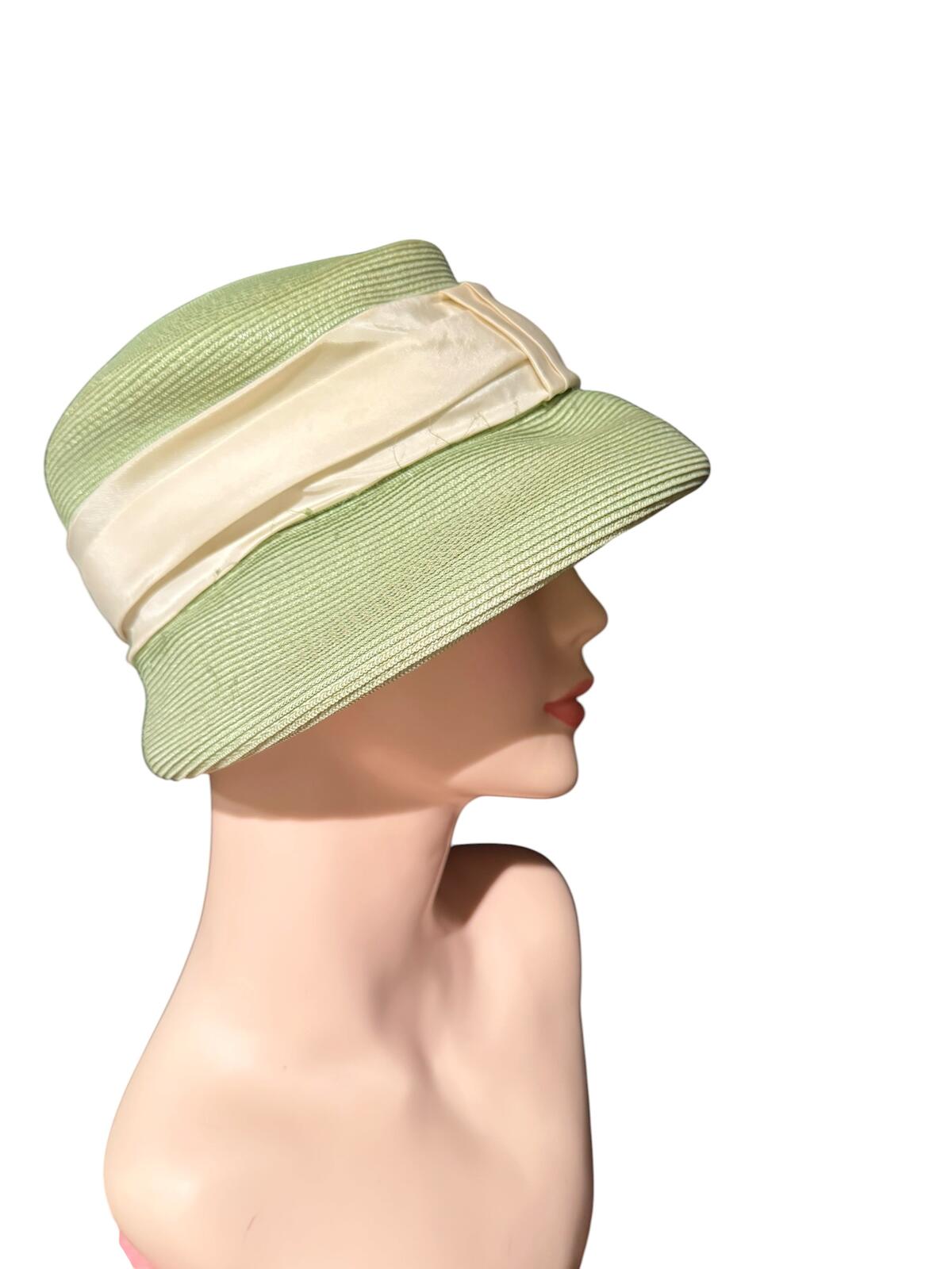 Vintage Light Green Straw Hat with Cream Ribbon Band