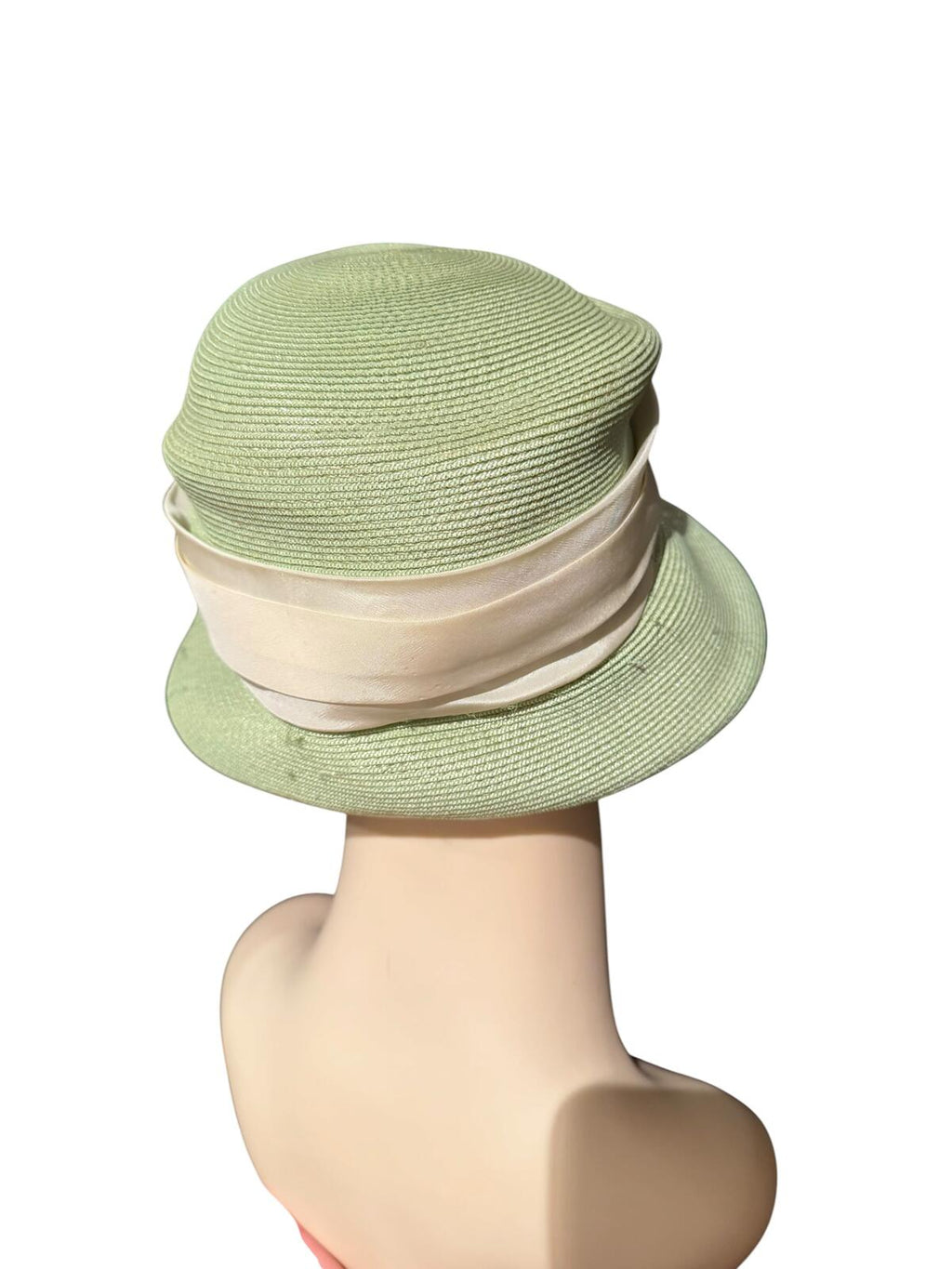 Vintage Light Green Straw Hat with Cream Ribbon Band