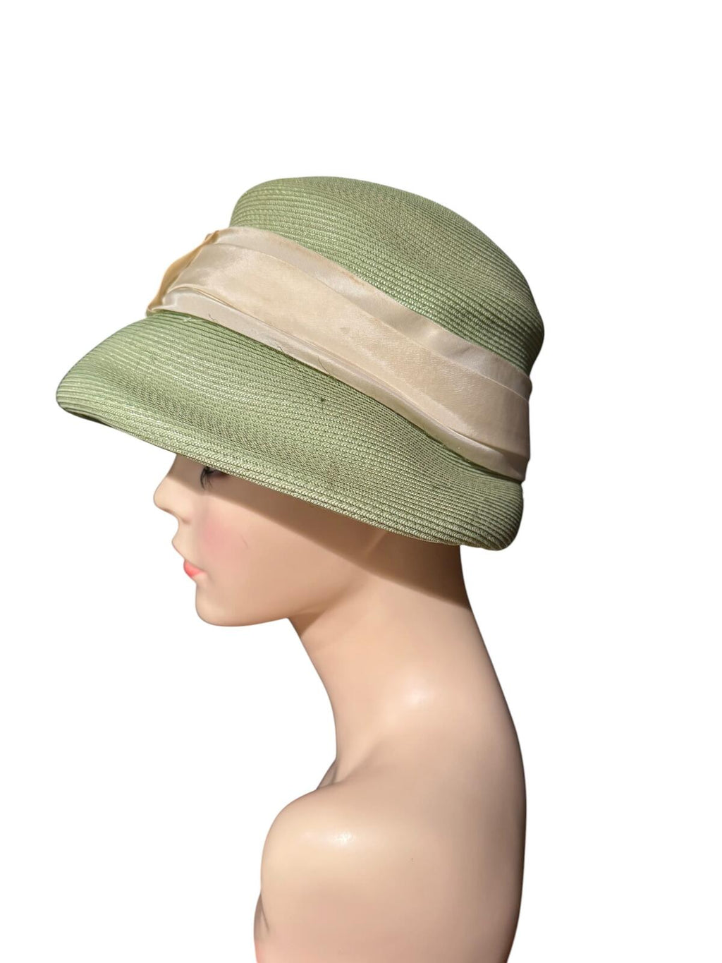 Vintage Light Green Straw Hat with Cream Ribbon Band