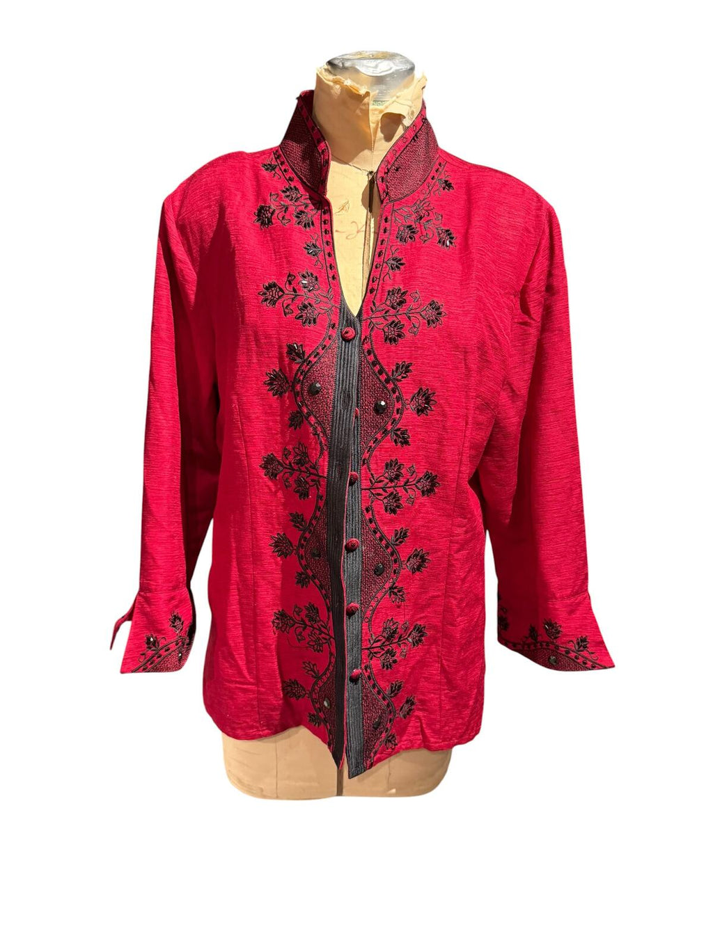 Silkland Red Embroidered 100% Silk Beaded Shirt with Mandarin Collar