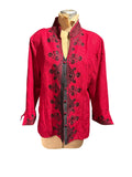 Silkland Red Embroidered 100% Silk Beaded Shirt with Mandarin Collar
