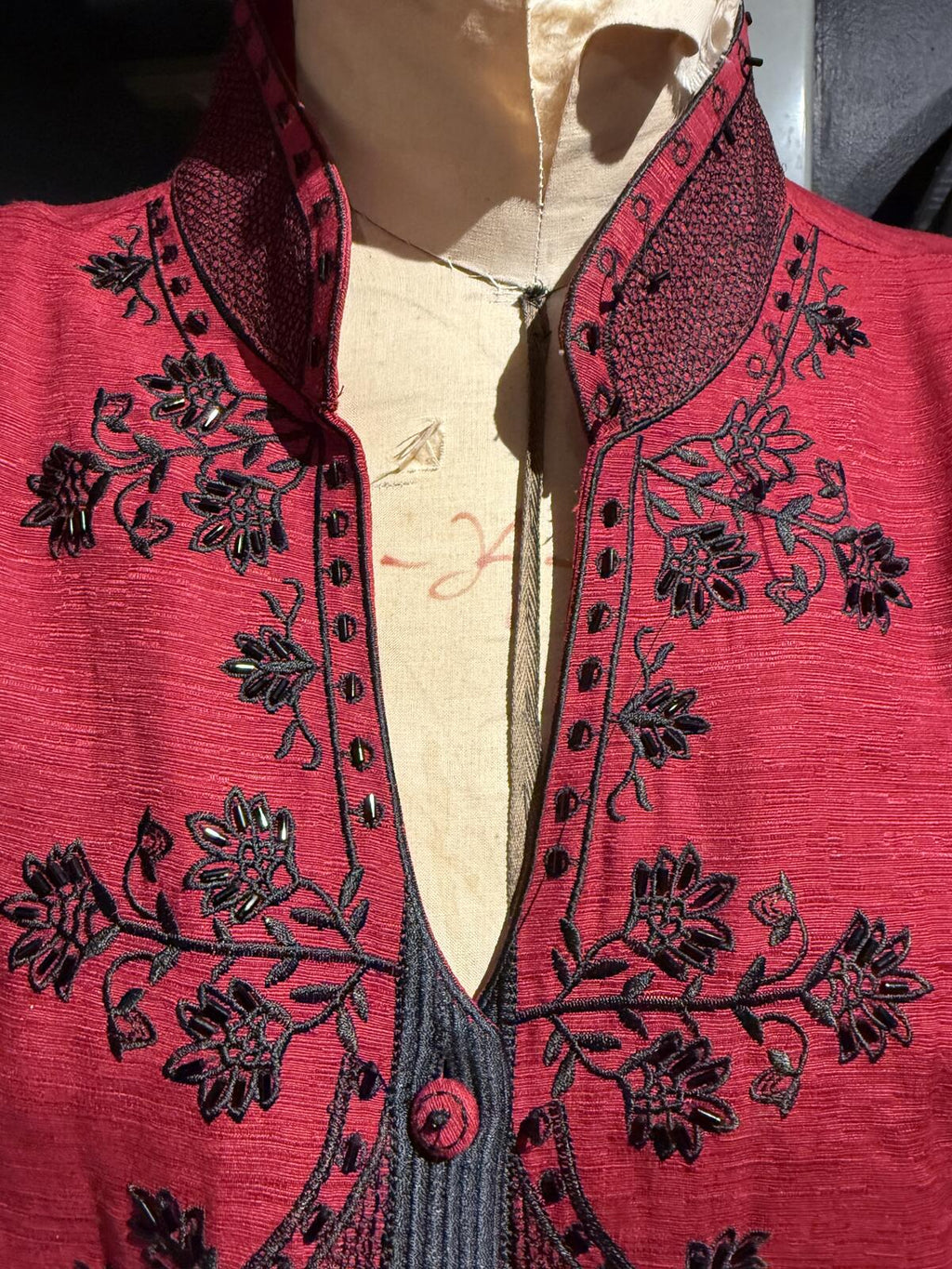 Silkland Red Embroidered 100% Silk Beaded Shirt with Mandarin Collar