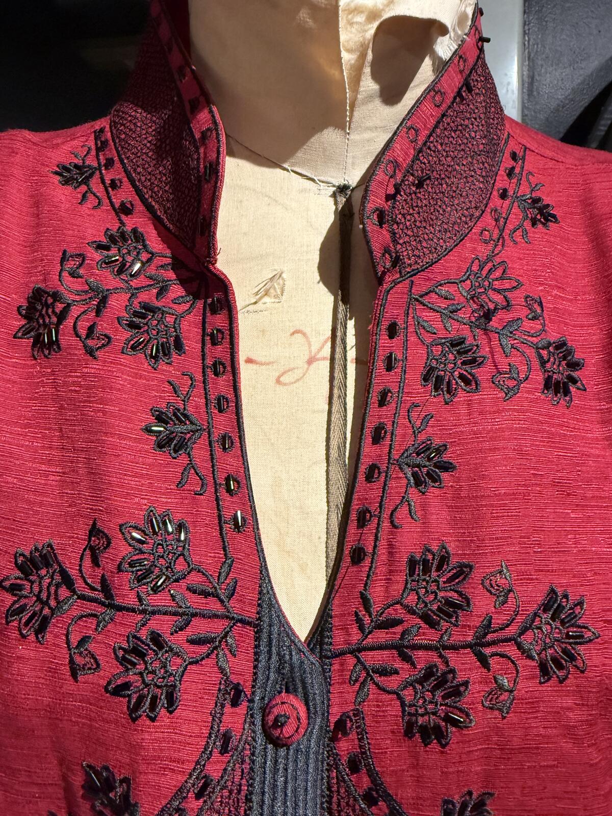 Silkland Red Embroidered 100% Silk Beaded Shirt with Mandarin Collar