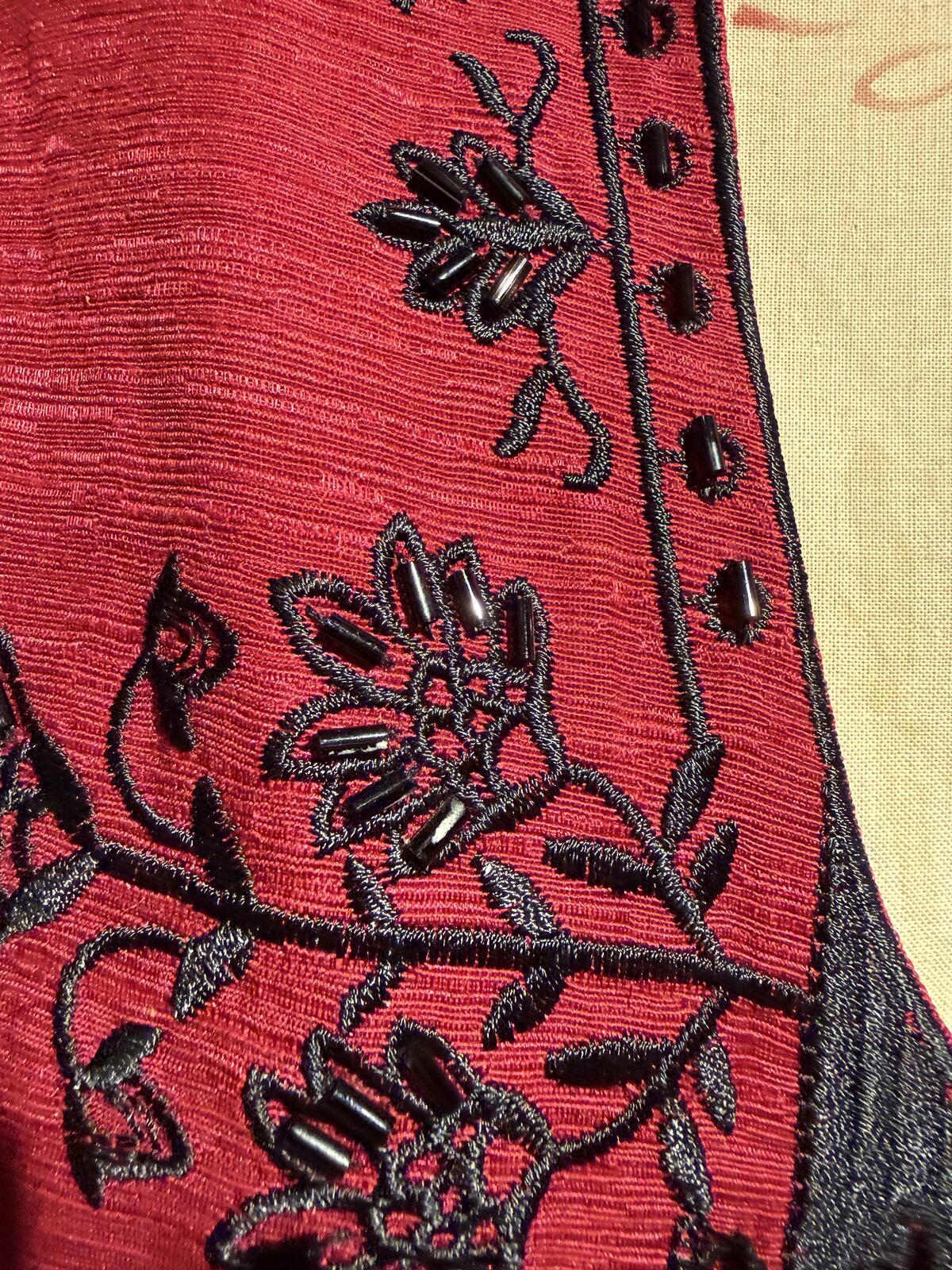 Silkland Red Embroidered 100% Silk Beaded Shirt with Mandarin Collar