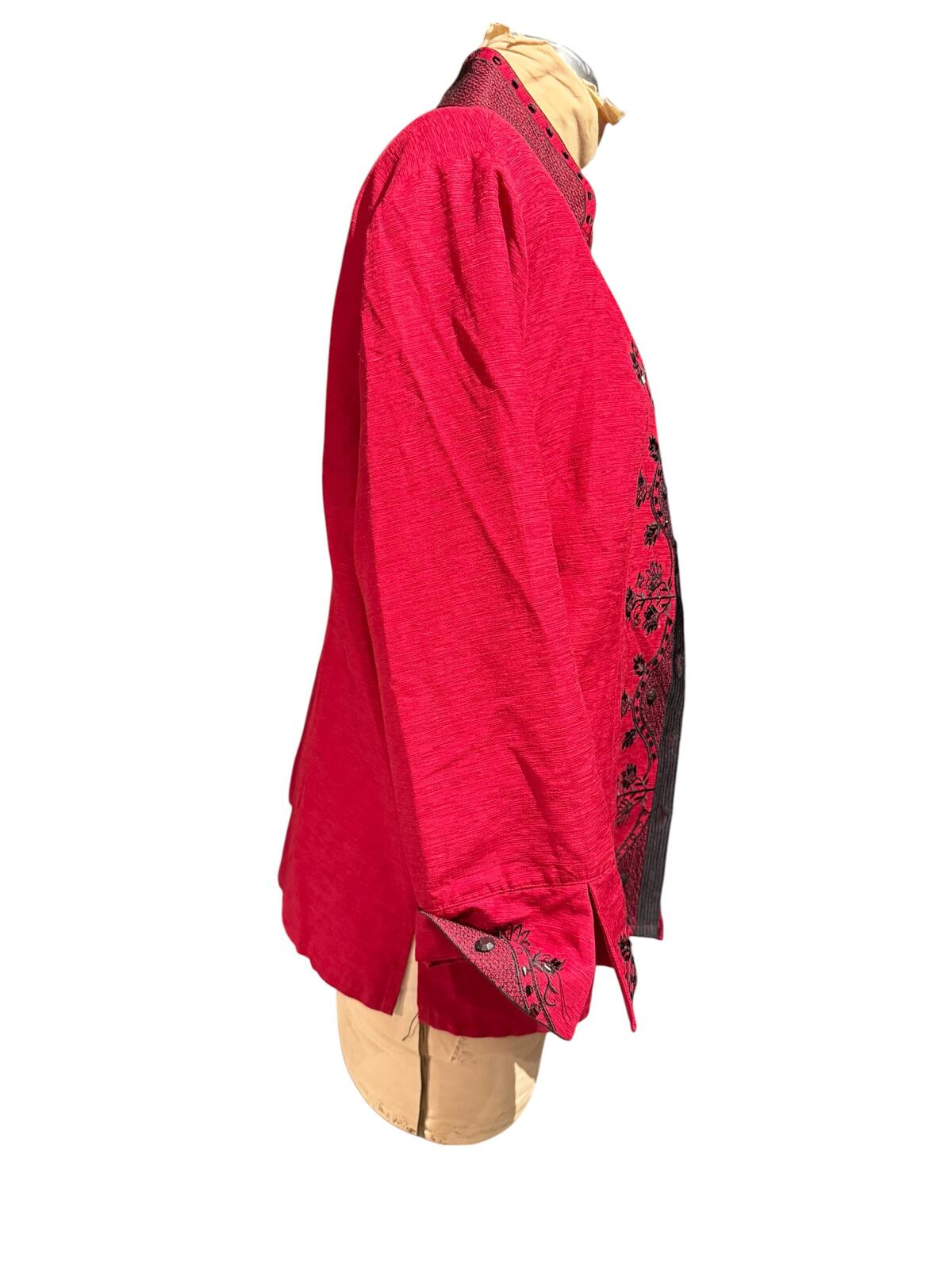 Silkland Red Embroidered 100% Silk Beaded Shirt with Mandarin Collar