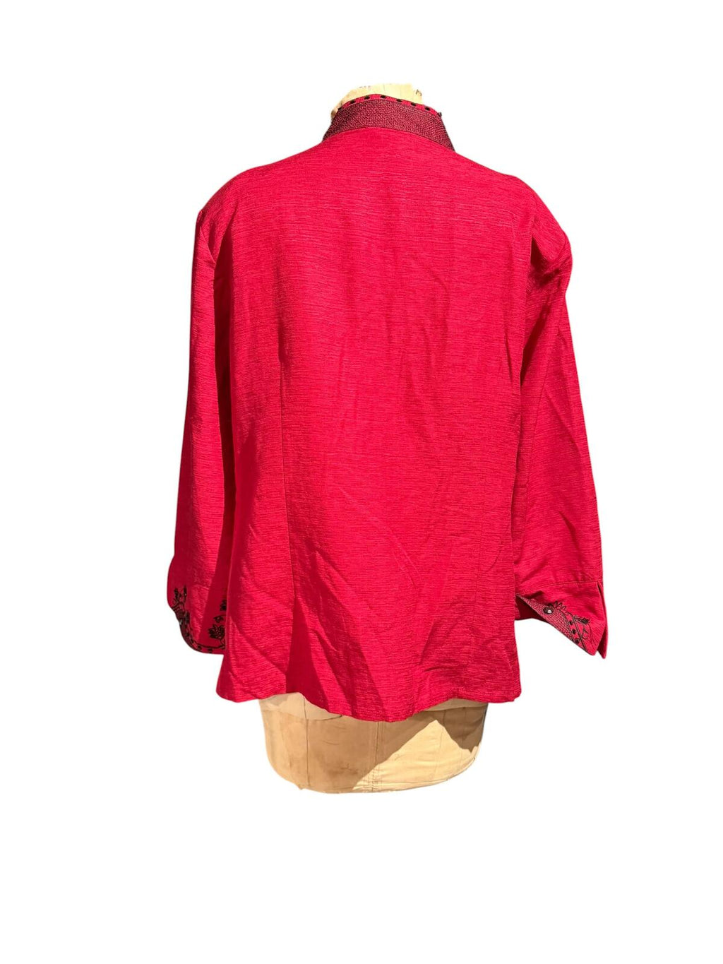 Silkland Red Embroidered 100% Silk Beaded Shirt with Mandarin Collar