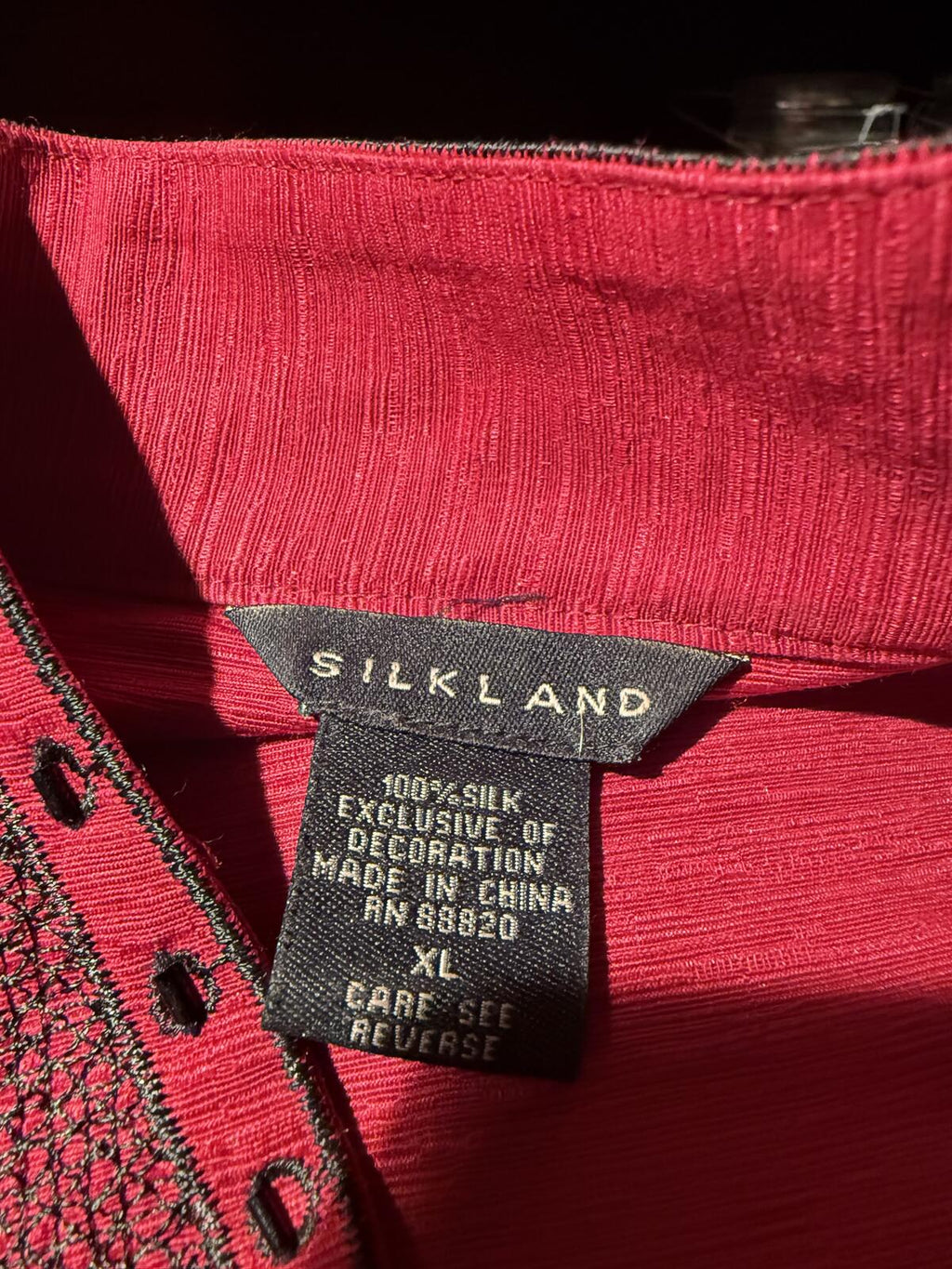 Silkland Red Embroidered 100% Silk Beaded Shirt with Mandarin Collar