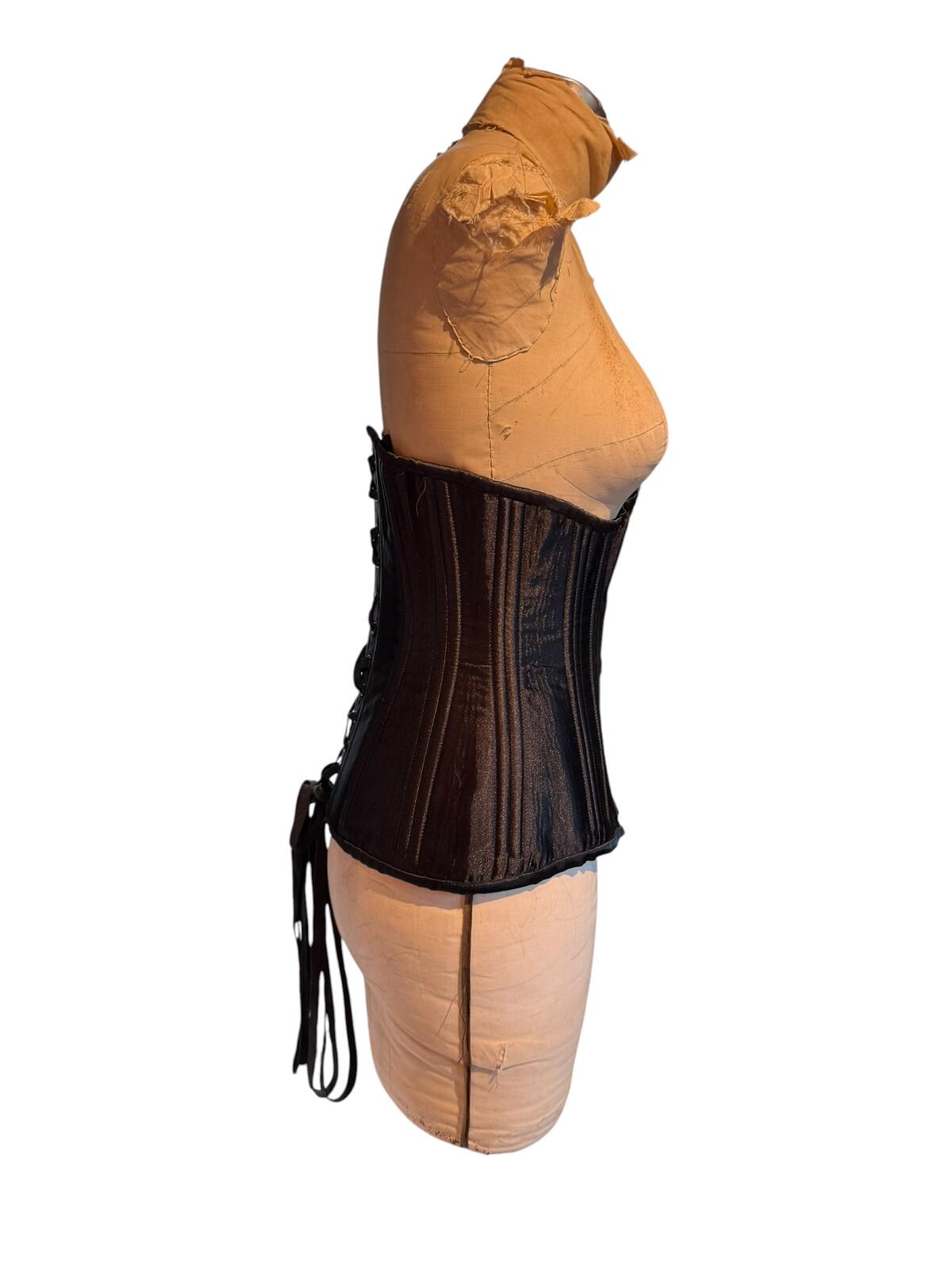 Black Satin Corset with Front Busk and Back Lace-Up