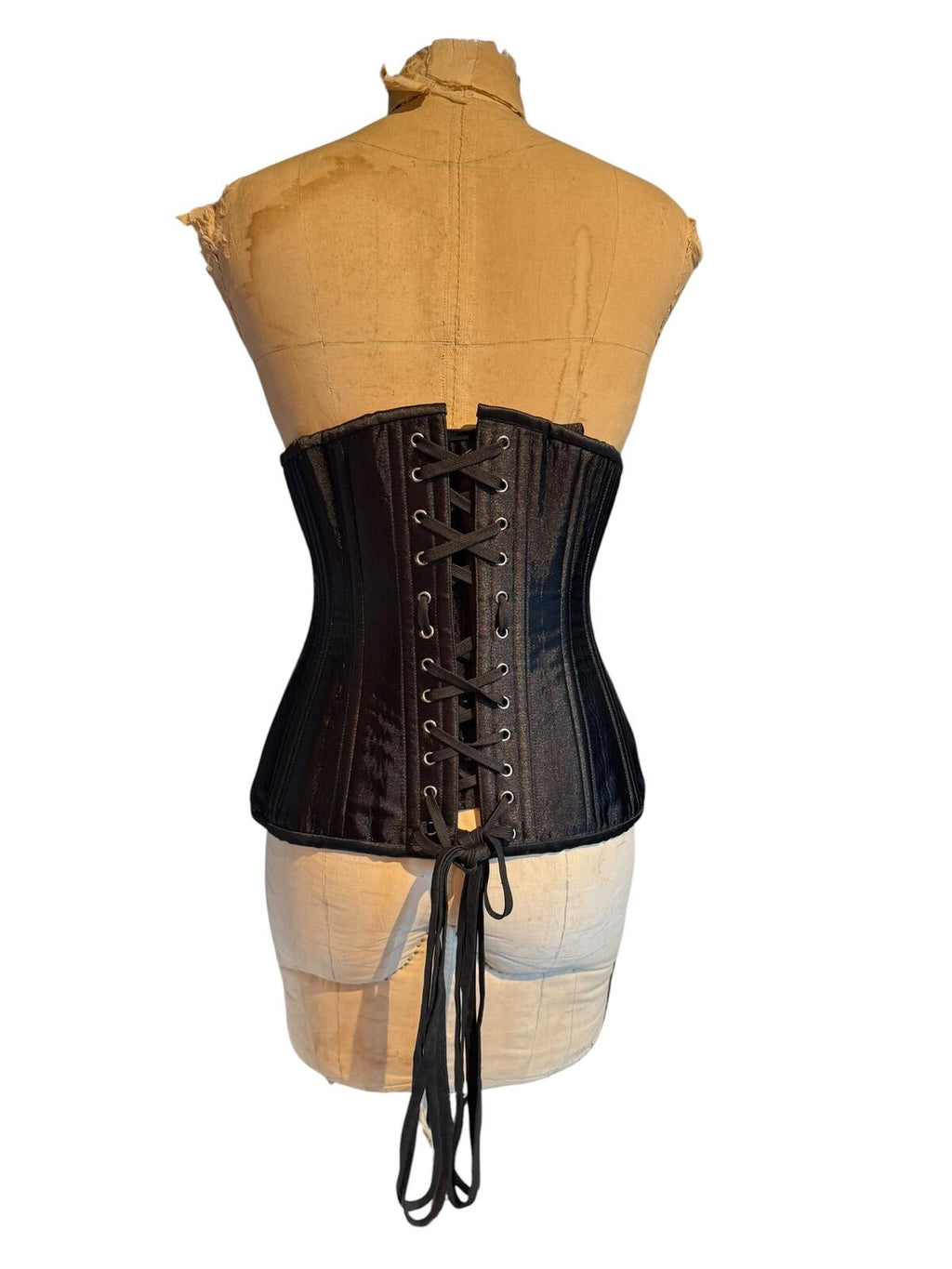 Black Satin Corset with Front Busk and Back Lace-Up