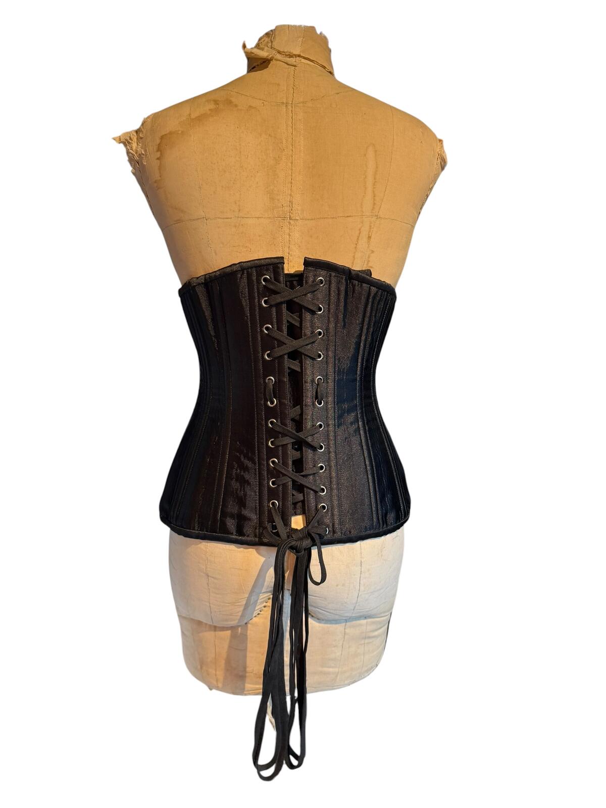 Black Satin Corset with Front Busk and Back Lace-Up