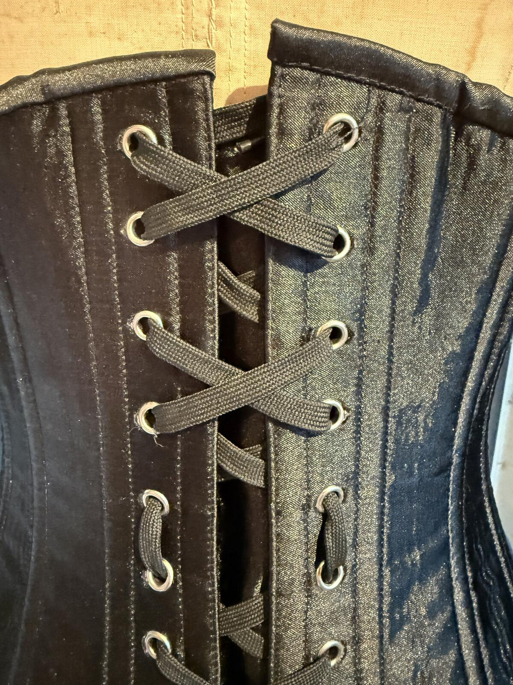 Black Satin Corset with Front Busk and Back Lace-Up