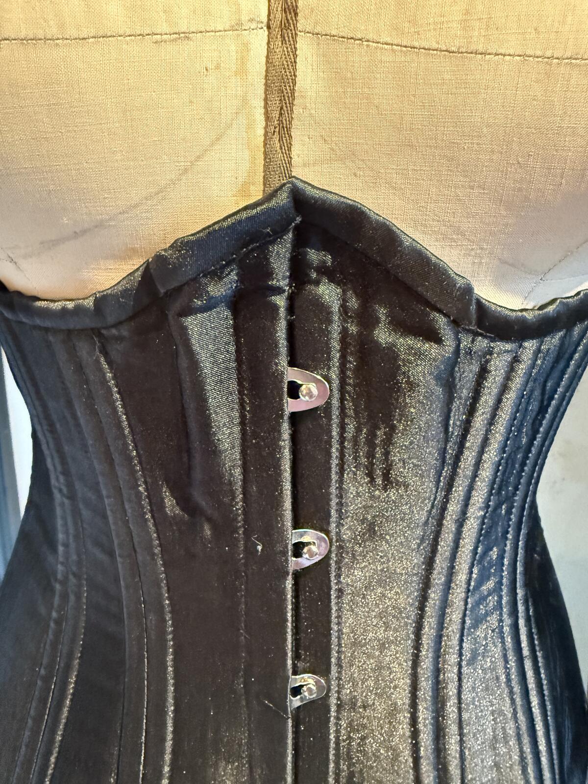 Black Satin Corset with Front Busk and Back Lace-Up