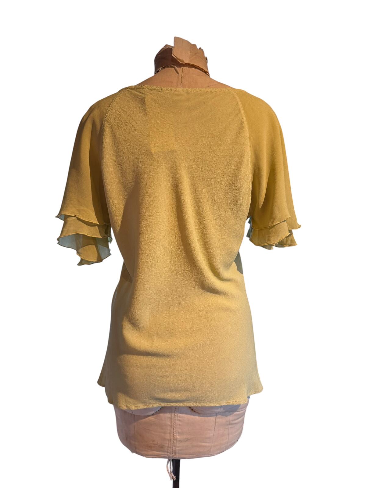 Marina Avraam Green Short Sleeve Blouse with Ruffled Sleeves