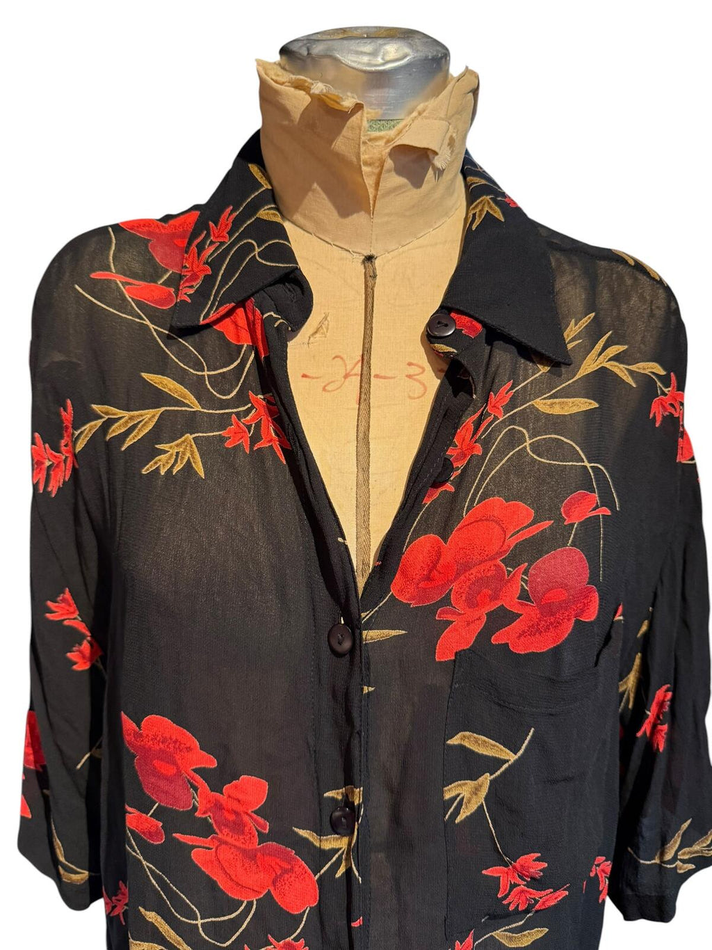 Sheer Black Floral Button-Up Long Shirt