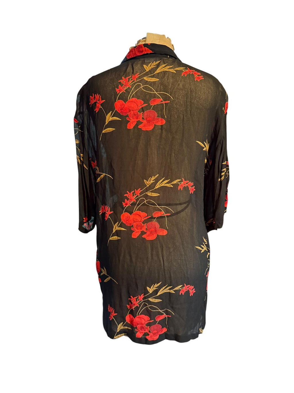Sheer Black Floral Button-Up Long Shirt